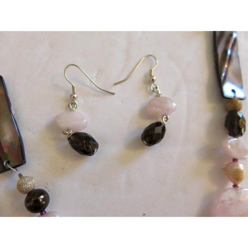Rose Quartz & Freshwater Pearl Beaded Necklace and Earring Set Pink Brown Silver